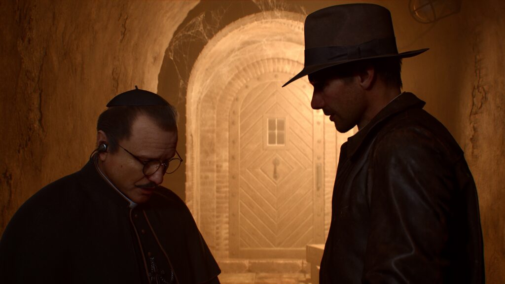 Indiana Jones in conversation with a priest